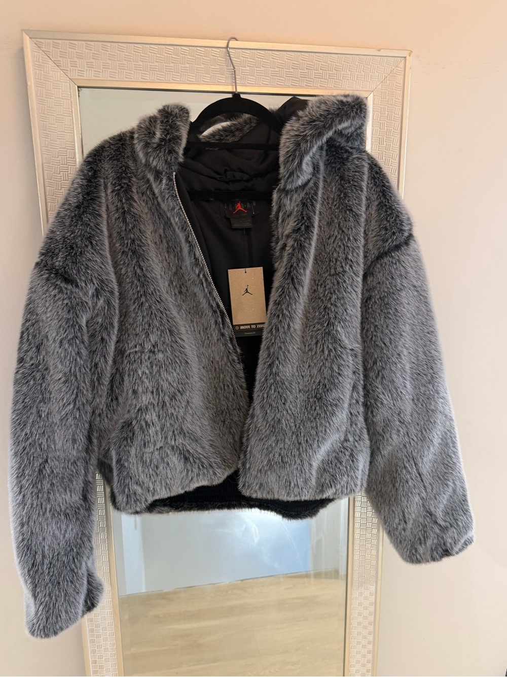 NWT Jordan Grey Faux Fur Hooded Coat with Signature Jumpman